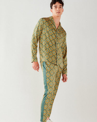 Men's Multi Retro Geo Satin Button Up Long Pyjama Set